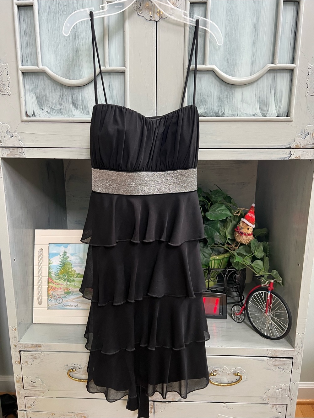 Black Tiered Spaghetti-Strap Dress with Silver Waistband medium